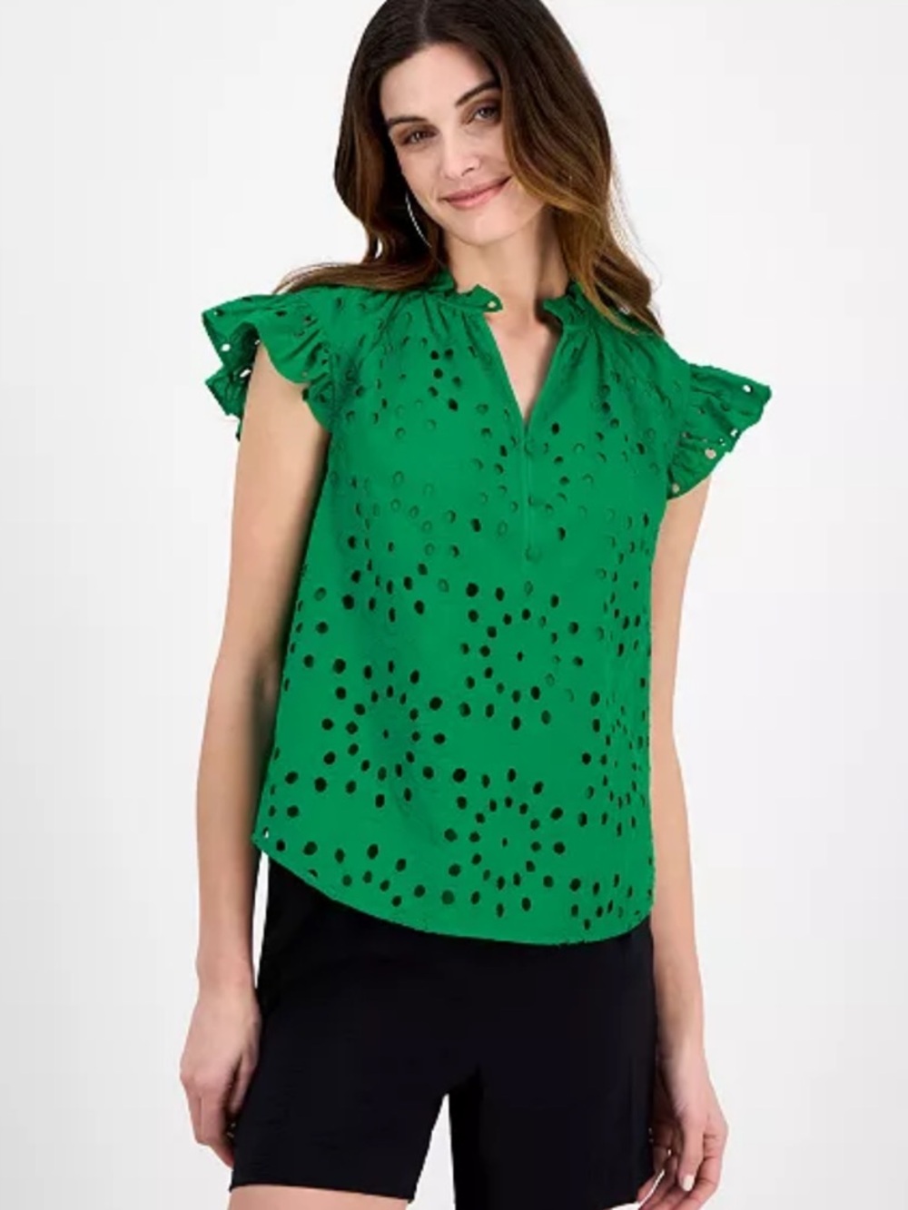 Anne Klein
Women's Cotton Flutter-Sleeve Eyelet Blouse